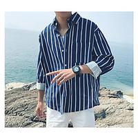 Men\'s Casual Simple All Seasons Shirt, Striped Square Neck Long Sleeve Cotton Medium