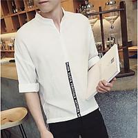 mens daily casual simple shirt solid letter crew neck sleeve cotton