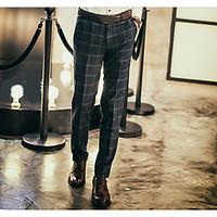 mens mid rise micro elastic business pants simple straight plaid