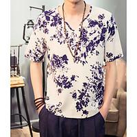 Men\'s Casual/Daily Chinoiserie Summer Shirt, Camouflage V Neck Short Sleeve Cotton Linen Thin