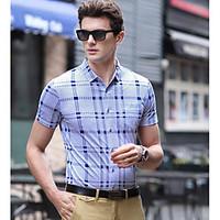 Men\'s Work Simple Summer Shirt, Striped Standing Collar Short Sleeve Cotton Thin