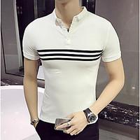 Men\'s Daily Simple Summer T-shirt, Solid Striped Shirt Collar Short Sleeve Cotton