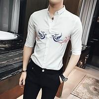 Men\'s Other Casual Simple Spring Summer Shirt, Solid Embroidery Button Down Collar ¾ Sleeve Cotton Medium