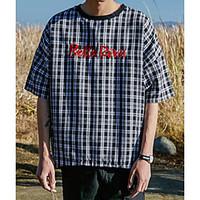 Men\'s Casual/Daily Simple Spring Summer T-shirt, Embroidery Plaid/Check Round Neck Half-Sleeve Cotton Thin