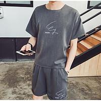 mens sport active summer t shirt letter round neck short sleeve cotton