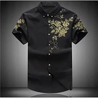 Men\'s Other Casual Chinoiserie Summer Shirt, Solid Button Down Collar Short Sleeve Cotton Medium