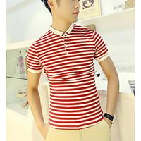 Men\'s Casual Simple T-shirt, Striped Square Neck Short Sleeve Cotton