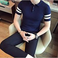 mens casualdaily simple polo striped stand short sleeve cotton