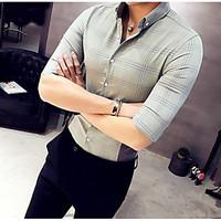 mens casualdaily simple shirt plaid stand length sleeve cotton bamboo  ...