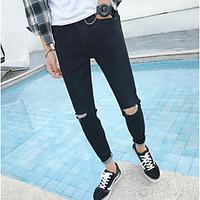 Men\'s Mid Rise Micro-elastic Jeans Pants, Street chic Slim Solid