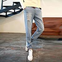 mens mid rise micro elastic jeans pants simple loose pure color solid