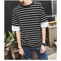 Men\'s Casual/Daily Simple Summer T-shirt, Striped Round Neck ½ Length Sleeve Cotton Opaque