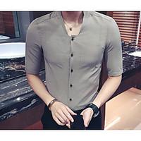 mens casualdaily simple shirt solid stand length sleeve cotton