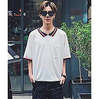 Men\'s Casual/Daily Simple Spring Summer T-shirt, Patchwork Shirt Collar Short Sleeve Cotton Others Thin