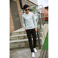 Men\'s Going out Casual/Daily Holiday Simple T-shirt, Solid Letter Round Neck Long Sleeve Cotton