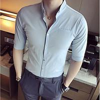 mens casualdaily simple shirt solid stand length sleeve cotton