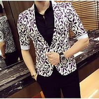 Men\'s Going out Simple Spring Blazer, Print Shirt Collar 3/4 Length Sleeve Short Polyester