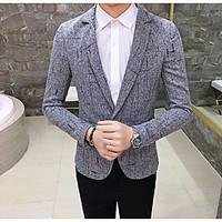 Men\'s Going out Vintage Spring Blazer, Plaid Shirt Collar Long Sleeve Short Polyester