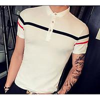 Men\'s Going out Casual/Daily Simple Street chic Spring Summer T-shirt, Striped Shirt Collar Short Sleeve Cotton Medium