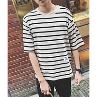 Men\'s Casual/Daily Simple Spring Summer T-shirt, Striped Round Neck Short Sleeve Cotton Thin