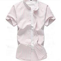 Men\'s Office/Career Daily Simple Summer Shirt, Solid Striped Shirt Collar Short Sleeve Cotton Polyester Medium
