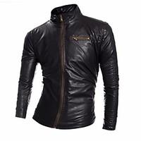 Men\'s Casual/Daily Vintage Fall Winter Leather Jacket, Solid Stand Long Sleeve Regular Polyester