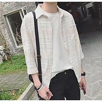 mens casual simple summer shirt striped stand long sleeve cotton