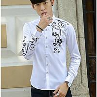 Men\'s Casual/Daily Simple Fall Shirt, Solid Floral Standing Collar Long Sleeve Polyester Medium