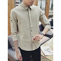 Men\'s Casual Simple Shirt, Solid Button Down Collar 3/4 Length Sleeve 100%Cotton