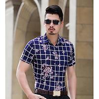 mens casualdaily simple shirt floral plaid stand short sleeve cotton