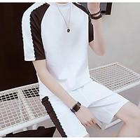 Men\'s Casual/Daily Simple Activewear Set Solid Striped Round Neck Micro-elastic Polyester Spandex Short Sleeve