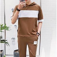 Men\'s Casual/Daily Simple Activewear Set Solid Color Block Hooded Micro-elastic Polyester Spandex Short Sleeve