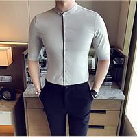 mens casualdaily simple shirt solid stand length sleeve rayon