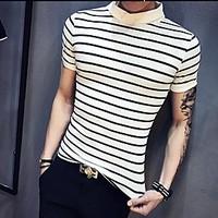 mens casualdaily simple polo striped stand short sleeve cotton