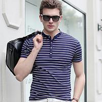 Men\'s Other Casual Active Summer T-shirt, Striped Shirt Collar Short Sleeve Cotton Medium