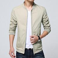 Men\'s Long Sleeve Casual / Work Jacket Coat Cotton / Polyester Solid Simple Regular Zipper Outerwear