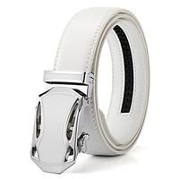 Men\'s White Solid Buckle with Automatic Ratchet Leather Belt 35mm Wide 1 3/8