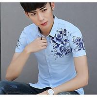 Men\'s Casual/Daily Simple Summer Shirt, Solid Floral Square Neck Short Sleeve Cotton Polyester Thin