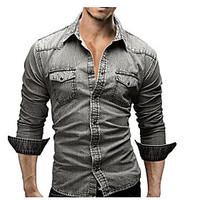 Men\'s Office/Career Daily Casual Simple Street chic All Seasons Shirt, Solid Shirt Collar Long Sleeve 70%Wool30%Cotton Medium