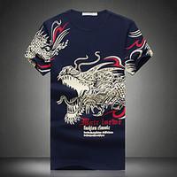 Men\'s Fashion Chinese Dragon Print Round Collar Slim Fit Short-Sleeve T-Shirt