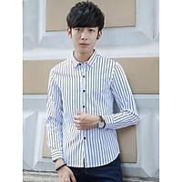 Men\'s Casual/Daily Simple Spring Shirt, Striped Shirt Collar Long Sleeve Cotton Medium