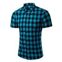 Men\'s Casual/Daily Work Simple Spring Shirt, Plaid Shirt Collar Short Sleeve Cotton Linen