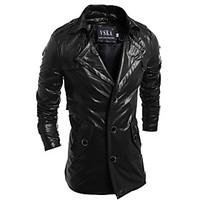 Men\'s Casual/Daily Simple Spring Leather Jacket, Solid Peaked Lapel Long Sleeve Long Cowhide