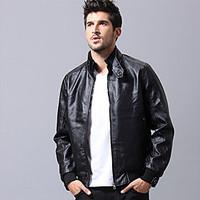 Men\'s Going out Street chic Winter Leather Jacket, Solid Square Neck Long Sleeve Regular Cowhide