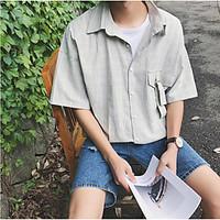 mens casual simple shirt striped square neck short sleeve cotton