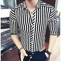 Men\'s Casual/Daily Simple Shirt, Striped Stand ½ Length Sleeve Cotton