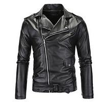 Men\'s Casual/Daily Simple Leather Jackets, Solid Shirt Collar Long Sleeve All Seasons Black Cowhide Medium
