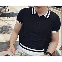 Men\'s Casual Simple T-shirt, Solid Striped Shirt Collar Short Sleeve Cotton