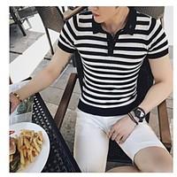 Men\'s Office/Career Chinoiserie T-shirt, Striped Shirt Collar Short Sleeve Cotton