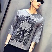 Men\'s Casual Simple Summer T-shirt, Solid Print Round Neck 3/4 Length Sleeve Cotton